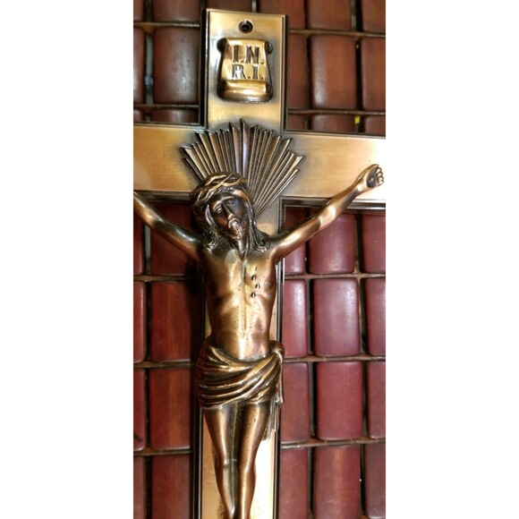 Vintage Parsons Curved Bronze Crucifix Casket Topper  14"x8" - Picture 2 of 3